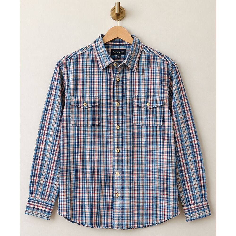 Timberland Men’s SZ M Long Sleeve Plaid Button Down Shirt Blue Wrinkle-Free